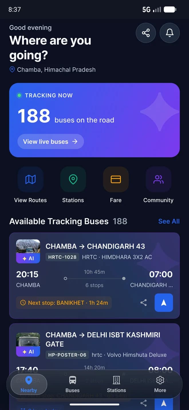 Marour app home screen with buses being tracked across Himachal