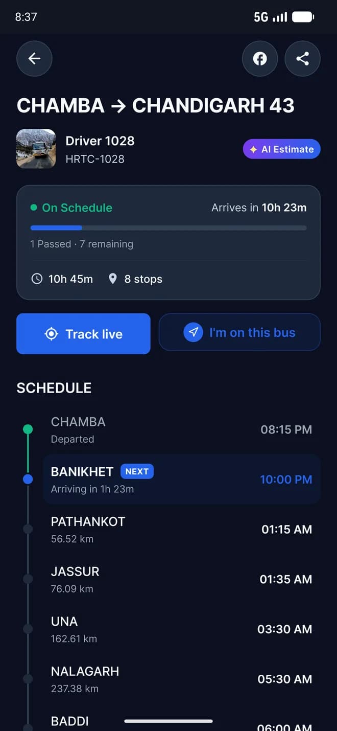 Marour app showing the Chamba to Chandigarh bus schedule with the next stop