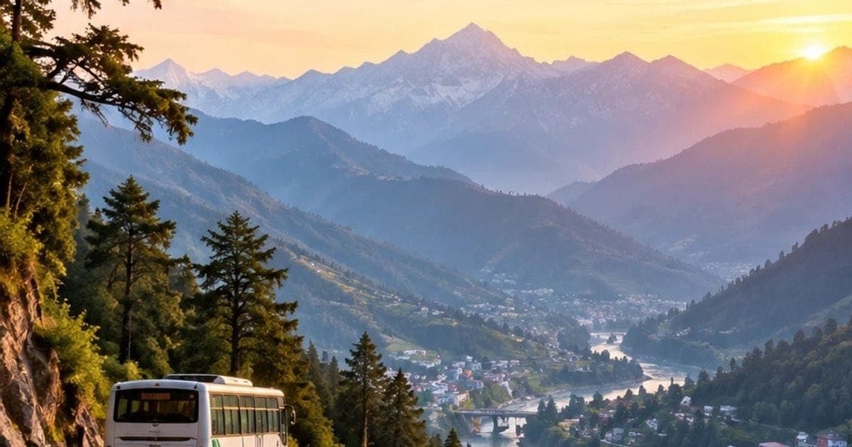 HRTC bus on a winding mountain road in Himachal Pradesh at sunrise