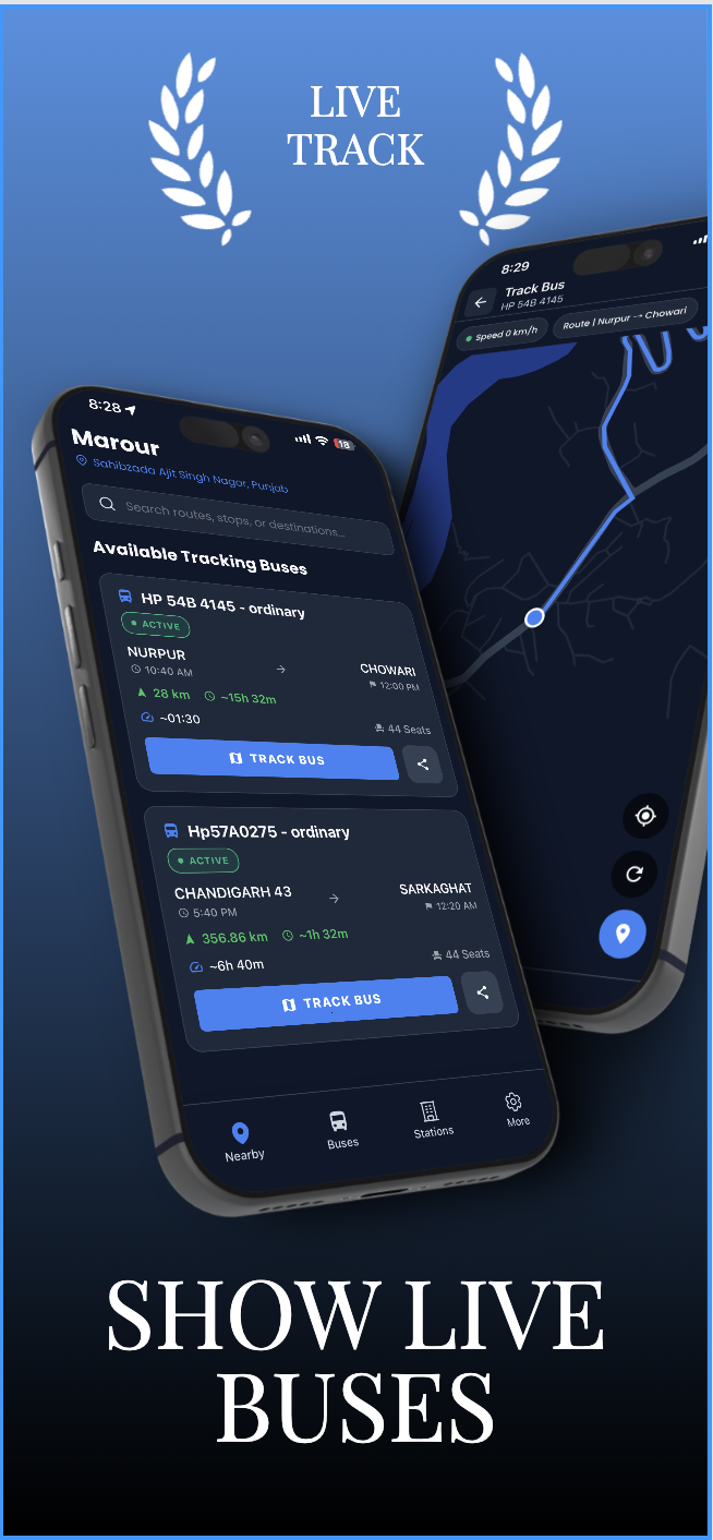 Marour app screenshot showing live GPS bus tracking on the map